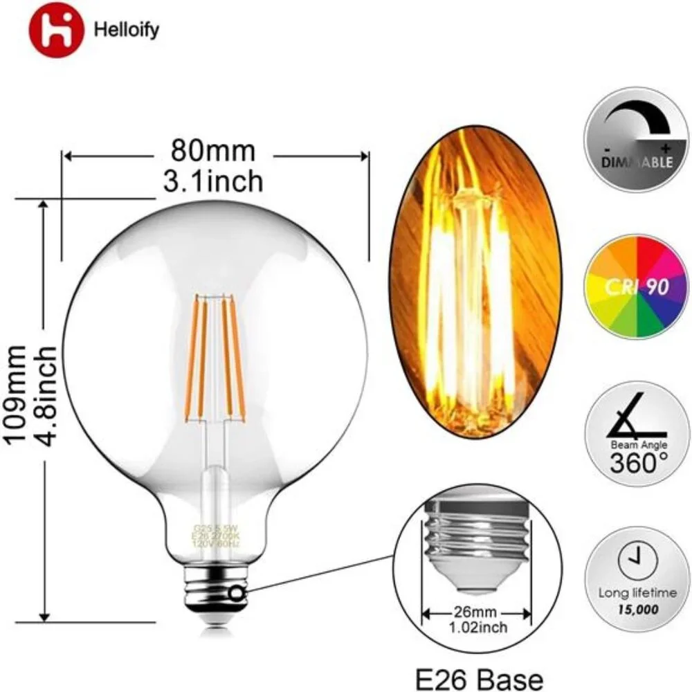 60W Equivalent Dimmable 5.5W Decorative Globe Vintage LED Edison Filament Bulbs